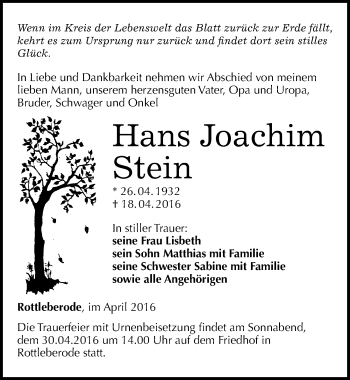 Traueranzeige von Hans Joachim Stein von Mitteldeutsche Zeitung Sangerhausen