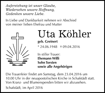 Traueranzeige von Uta Köhler von WVG - Wochenspiegel Merseburg