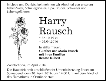 Traueranzeige von Harry Rausch von Mitteldeutsche Zeitung Halle/Saalkreis