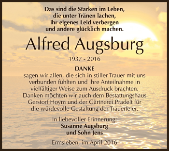 Traueranzeige von Alfred Augsburg von Super Sonntag Aschersleben