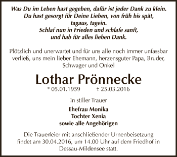 Traueranzeige von Lothar Prönnecke von WVG - Wochenspiegel Dessau / Köthen