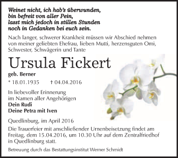Traueranzeige von Ursula Fickert von WVG - Wochenspiegel Quedlinburg