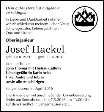Traueranzeige von Josef Hackel von Mitteldeutsche Zeitung Sangerhausen
