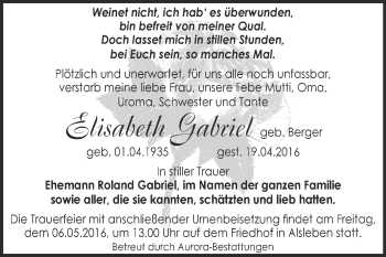 Traueranzeige von Elisabeth Gabriel von Super Sonntag Bernburg