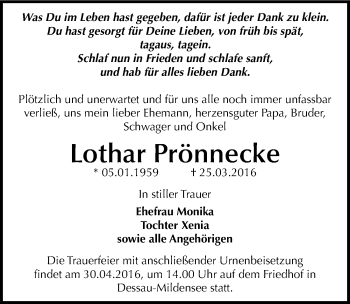 Traueranzeige von Lothar Prönnecke von Mitteldeutsche Zeitung Dessau-Roßlau
