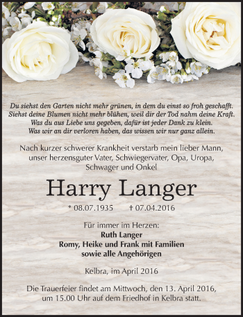 Traueranzeige von Harry Langer von Mitteldeutsche Zeitung Sangerhausen