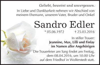 Traueranzeige von Sandro Edler von Mitteldeutsche Zeitung Sangerhausen