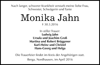 Traueranzeige von Monika Jahn von Mitteldeutsche Zeitung Sangerhausen