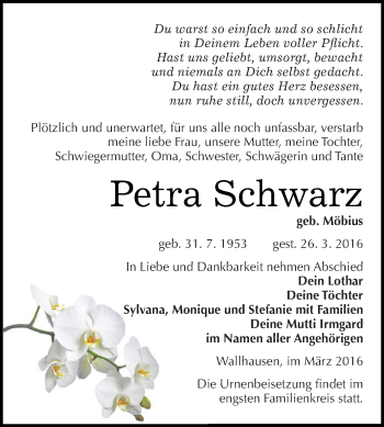 Traueranzeige von Petra Schwarz von Super Sonntag SGH Mansf. Land