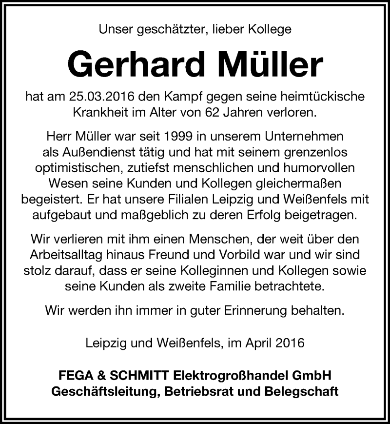  Traueranzeige für Gerhard Müller vom 09.04.2016 aus Mitteldeutsche Zeitung Weißenfels