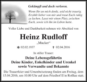Traueranzeige von Heinz Rudloff von WVG - Wochenspiegel Dessau / Köthen