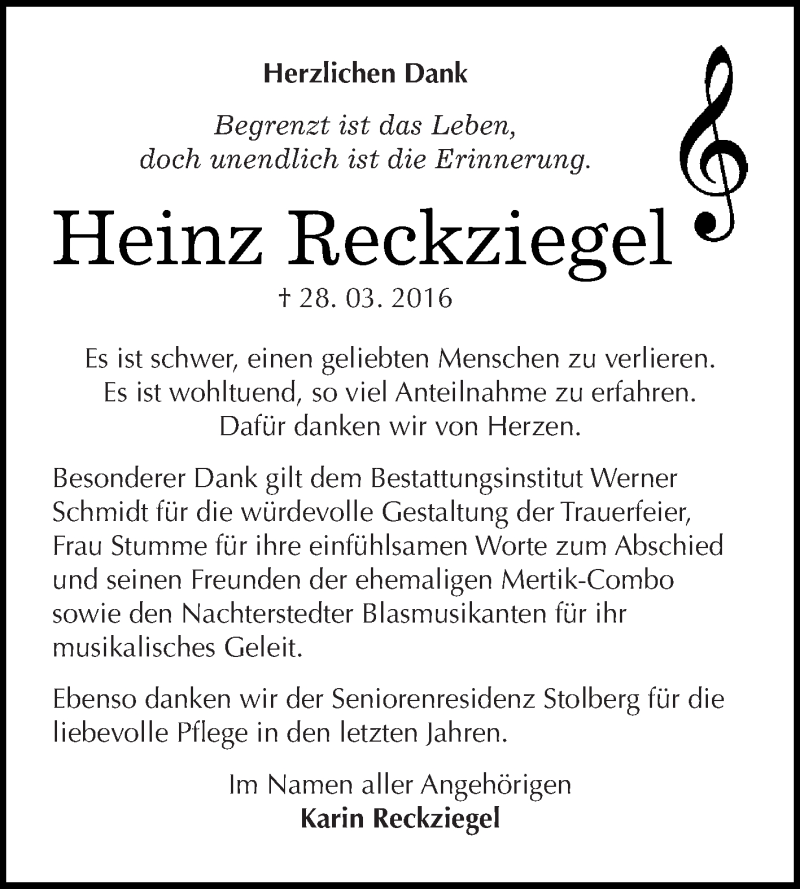  Traueranzeige für Heinz Reckziegel vom 23.04.2016 aus Super Sonntag SGH Mansf. Land