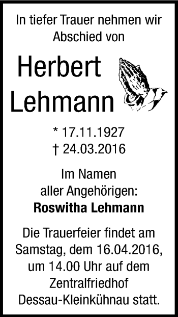 Traueranzeige von Herbert Lehmann von Mitteldeutsche Zeitung Dessau-Roßlau