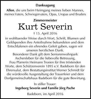 Traueranzeige von Kurt Severin von Mitteldeutsche Zeitung Quedlinburg