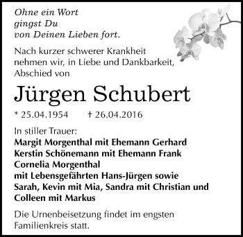Traueranzeige von Jürgen Schubert von Mitteldeutsche Zeitung Bitterfeld