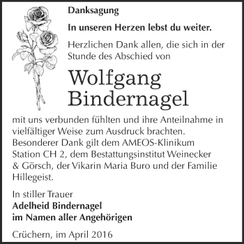 Traueranzeige von Wolfgang Bindernagel von Super Sonntag Bernburg