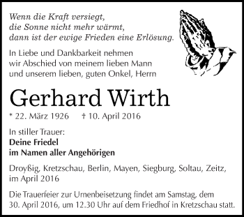 Traueranzeige von Gerhard Wirth von Super Sonntag Zeitz