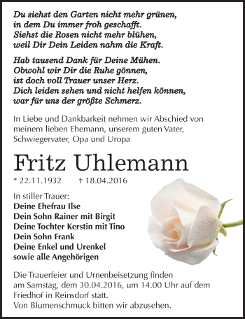 Traueranzeige von Fritz Uhlemann von Mitteldeutsche Zeitung Köthen