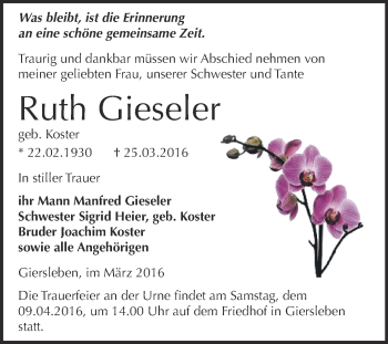 Traueranzeige von Ruth Gieseler von Super Sonntag Aschersleben