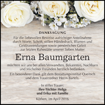 Traueranzeige von Erna Baumgarten von WVG - Wochenspiegel Dessau / Köthen