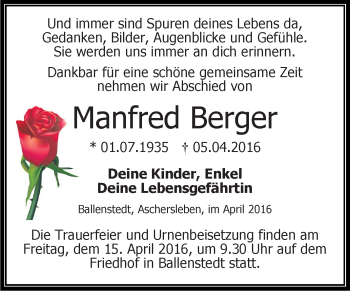 Traueranzeige von Manfred Berger von Super Sonntag Aschersleben
