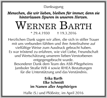 Traueranzeige von Werner Barth von Mitteldeutsche Zeitung Halle/Saalkreis