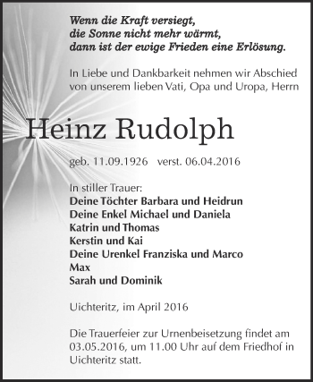 Traueranzeige von Heinz Rudolph von WVG - Wochenspiegel NMB / WSF / ZTZ