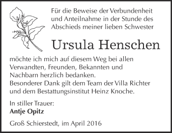 Traueranzeige von Ursula Henschen von Super Sonntag Aschersleben