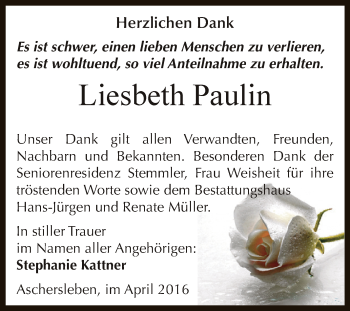Traueranzeige von Liesbeth Paulin von Super Sonntag Aschersleben