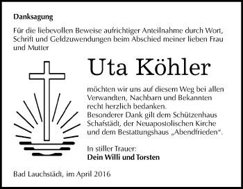 Traueranzeige von Uta Köhler von WVG - Wochenspiegel Merseburg