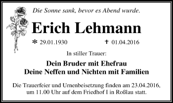 Traueranzeige von Erich Lehmann von Mitteldeutsche Zeitung Dessau-Roßlau