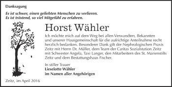 Traueranzeige von Horst Wähler von Super Sonntag Zeitz
