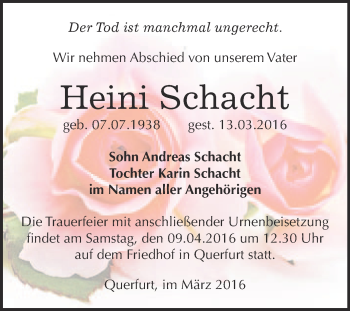Traueranzeige von Heini Schacht von WVG - Wochenspiegel Merseburg