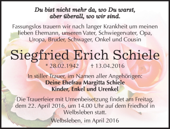 Traueranzeige von Siegfried Erich Schiele von Mitteldeutsche Zeitung Mansfelder Land