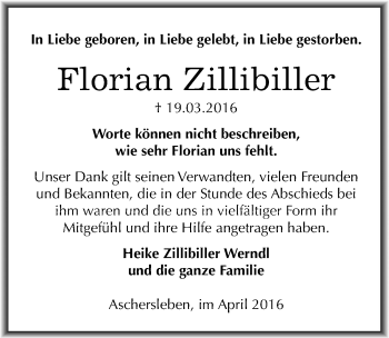 Traueranzeige von Florian Zillibiller von Mitteldeutsche Zeitung Aschersleben