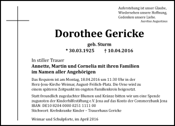 Traueranzeige von Dorothee Gericke von Mitteldeutsche Zeitung Naumburg/Nebra