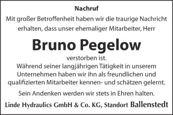 Traueranzeige von Bruno Pegelow von Super Sonntag Quedlinburg