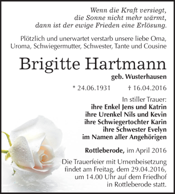 Traueranzeige von Brigitte Hartmann von Super Sonntag SGH Mansf. Land