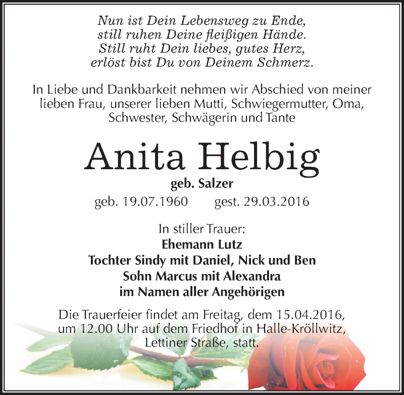  Traueranzeige für Anita Helbig vom 06.04.2016 aus Mitteldeutsche Zeitung Mansfelder Land