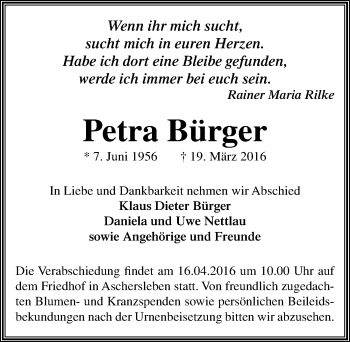 Traueranzeige von Petra Bürger von Mitteldeutsche Zeitung Aschersleben