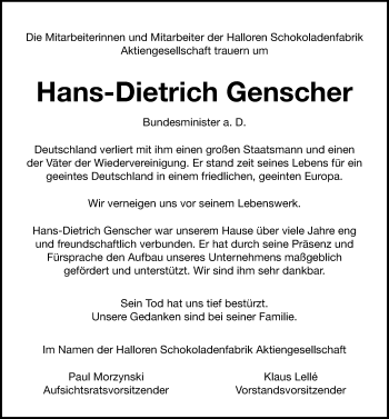 Traueranzeige von Hans-Dietrich Genscher von Mitteldeutsche Zeitung Halle/Saalkreis