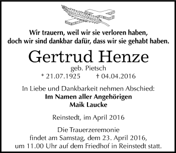 Traueranzeige von Gertrud Henze von Mitteldeutsche Zeitung Quedlinburg
