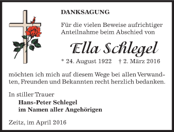 Traueranzeige von Ella Schlegel von Mitteldeutsche Zeitung Zeitz