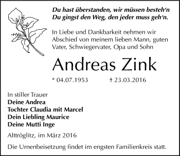 Traueranzeige von Andreas Zink von Mitteldeutsche Zeitung Zeitz