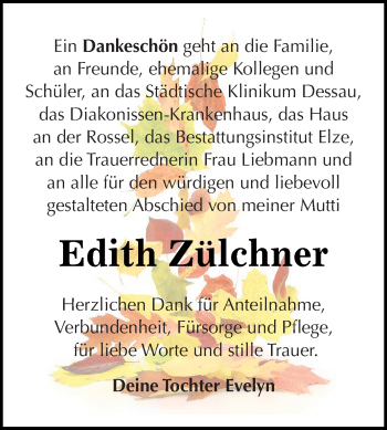 Traueranzeige von Edith Zülchner von WVG - Wochenspiegel Dessau / Köthen