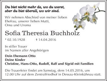 Traueranzeige von Sofia Theresia Buchholz von Mitteldeutsche Zeitung Dessau-Roßlau