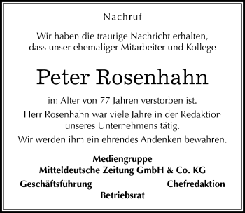 Traueranzeige von Peter Rosenhahn von Mitteldeutsche Zeitung Aschersleben