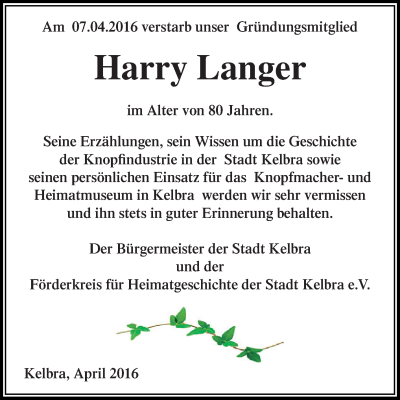  Traueranzeige für Harry Langer vom 20.04.2016 aus WVG - Wochenspiegel SGH