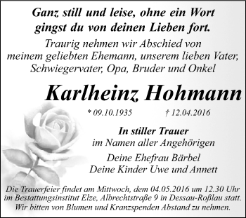 Traueranzeige von Karlheinz Hohmann von WVG - Wochenspiegel Dessau / Köthen