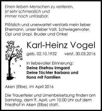 Traueranzeige von Karl-Heinz Vogel von Mitteldeutsche Zeitung Köthen